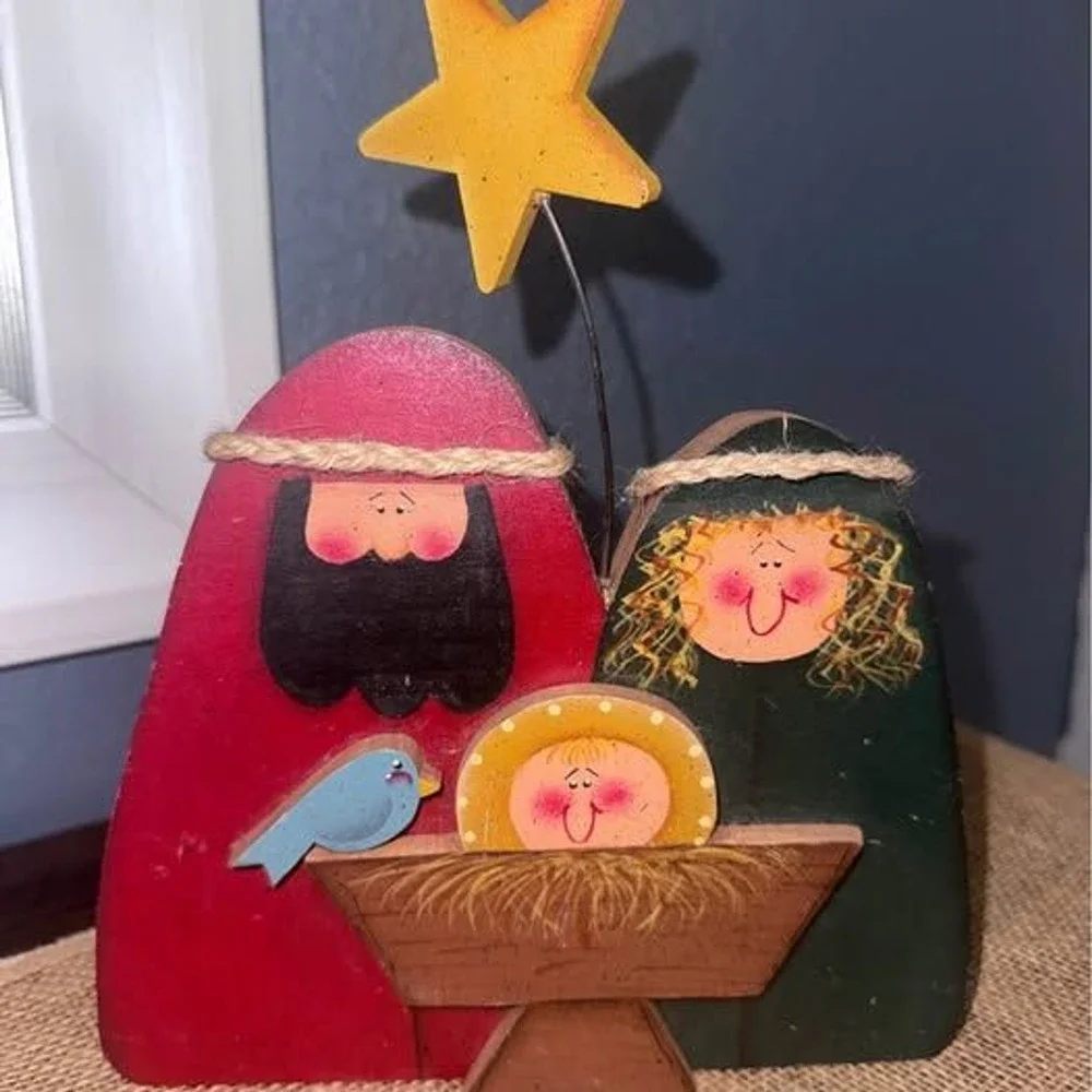 Vtg Nativity Scene Wooden Hand Painted Christmas Folk Art Shelf Sitter